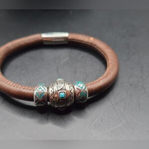 Brighton Brown Leather Bracelet w/ Silver Tone Turquoise Beads | Magnetic Clasp